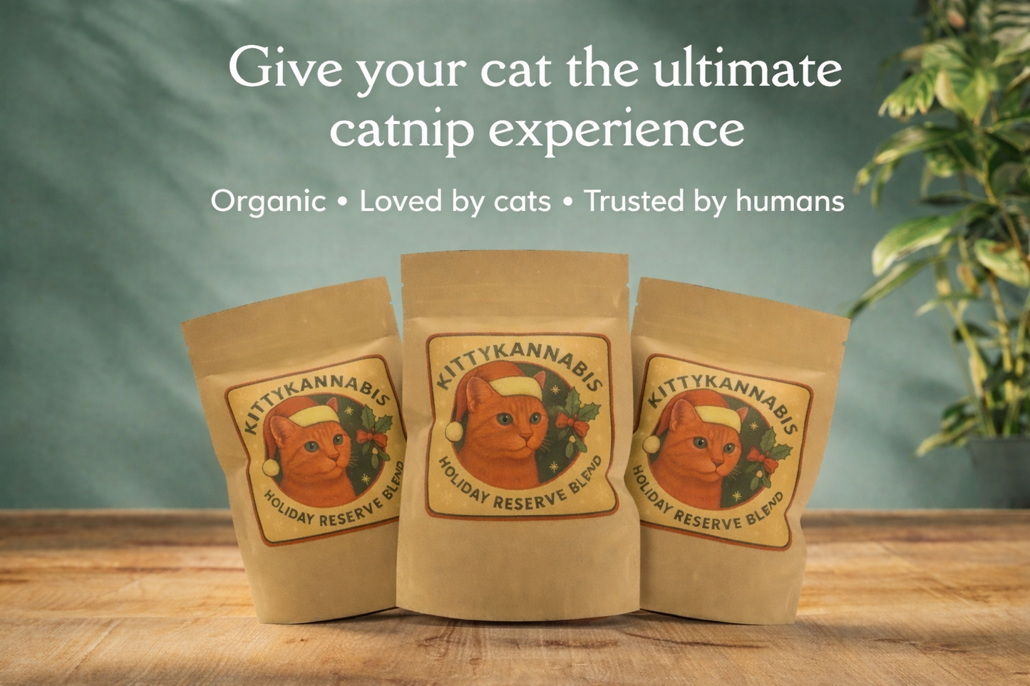 Three packages of Kittykannabis premium organic catnip on a wooden surface with a green background