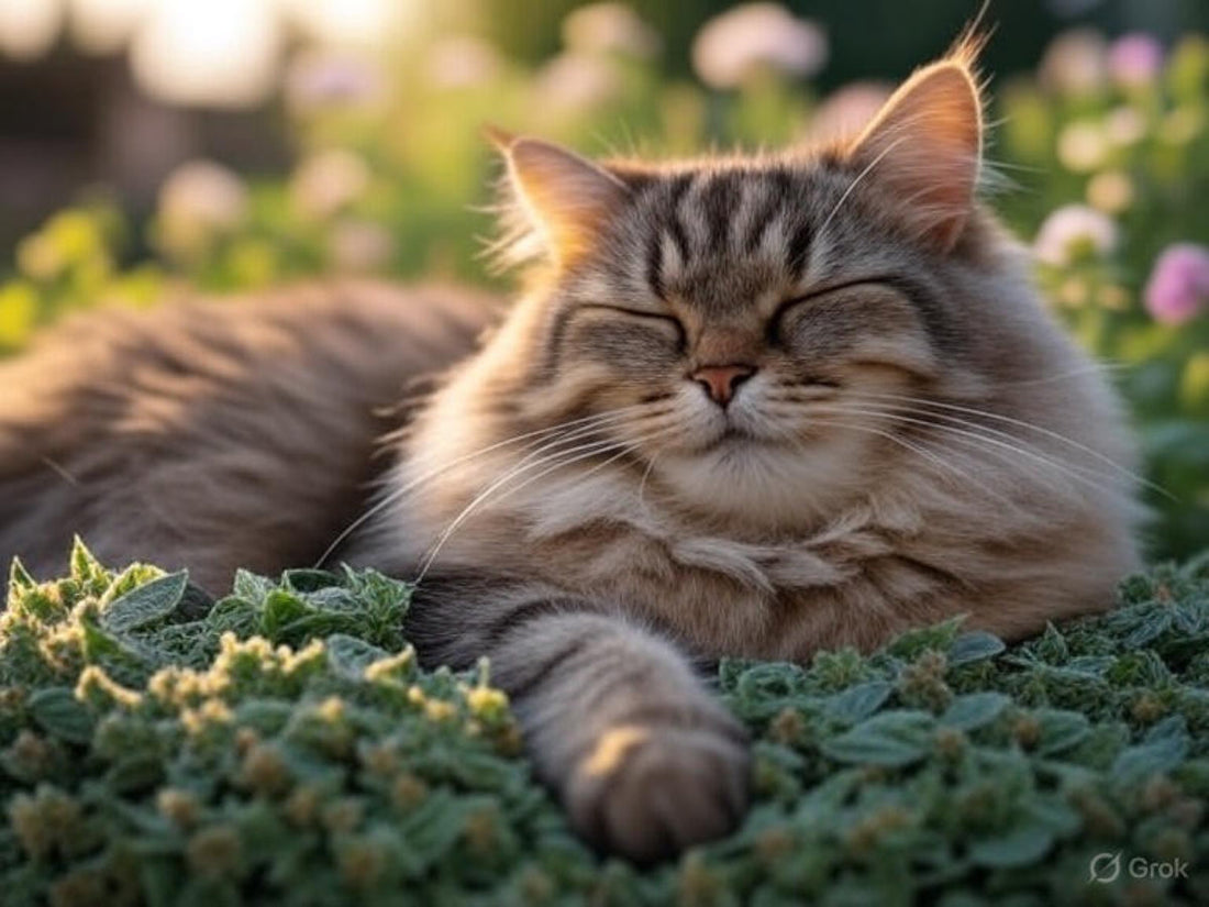Cat laying blissfully on a bed of organic catnip 