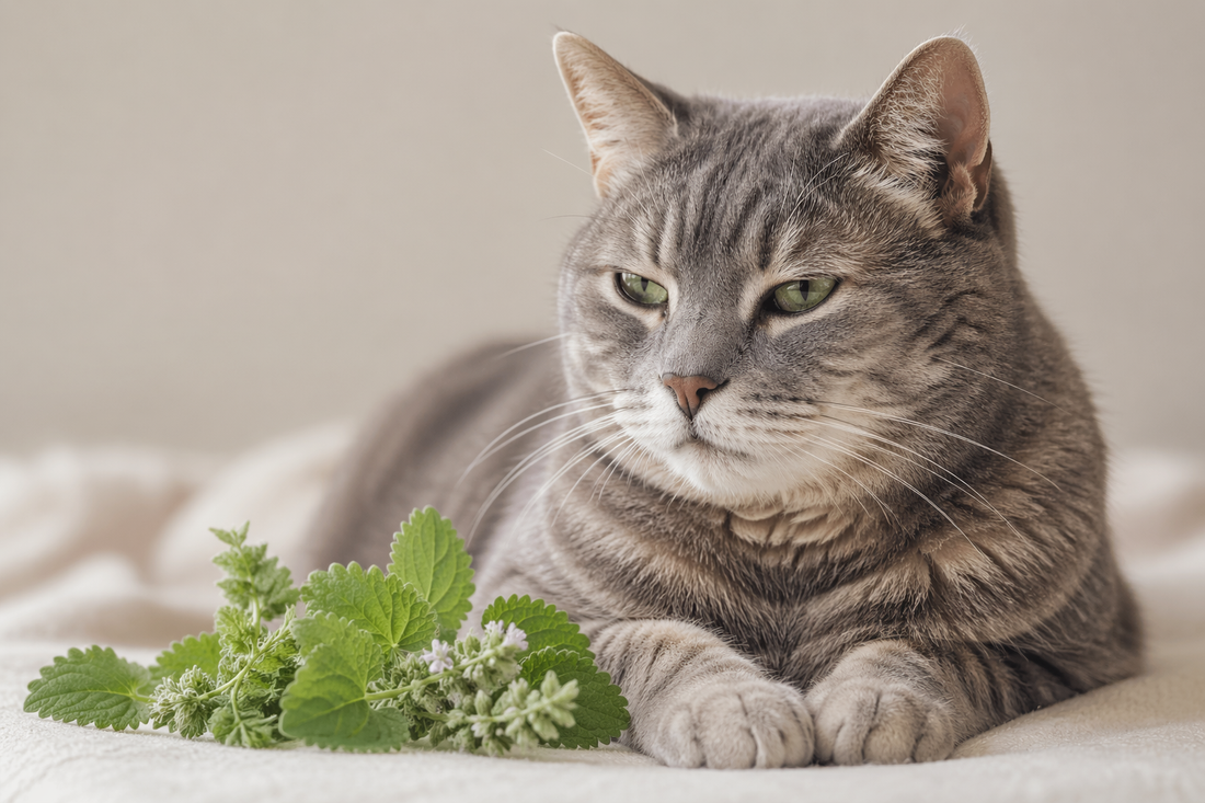 Is catnip safe for senior cats? Image of senior cat with catnip leaves. 