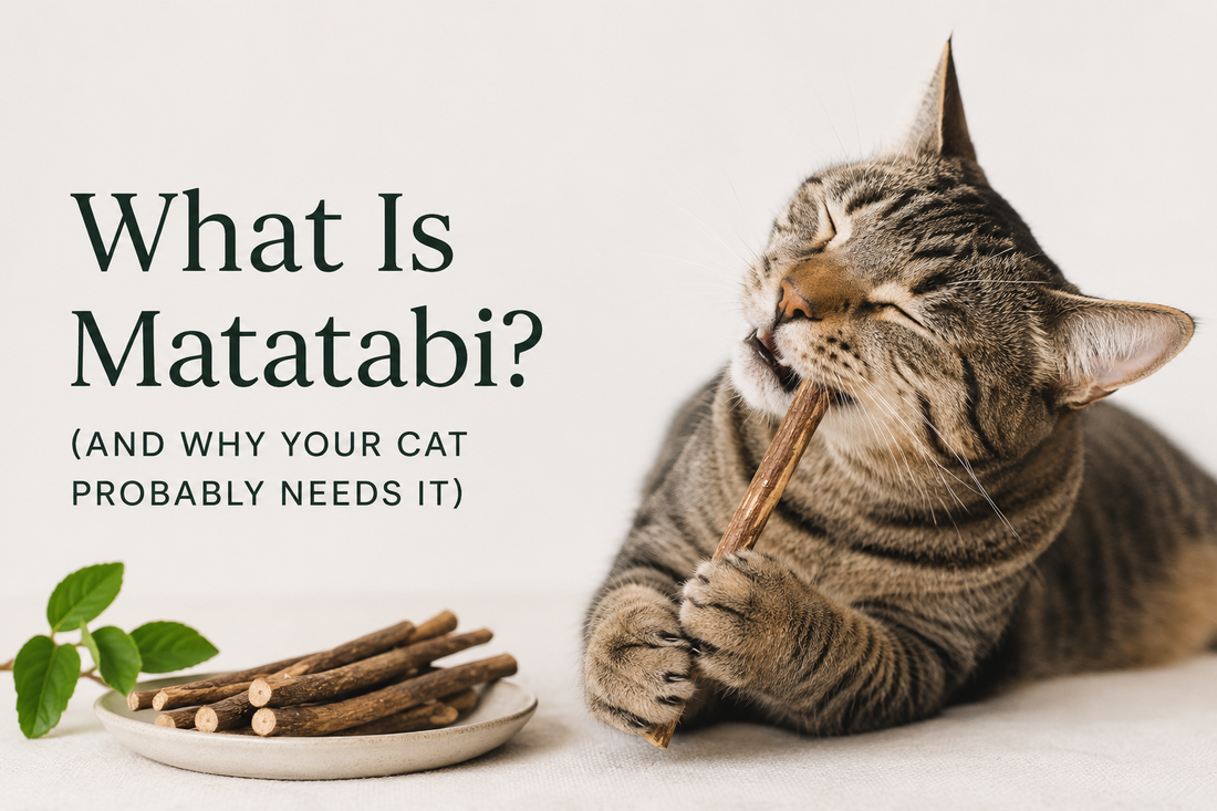 Cat chewing matabi stick next to a pile of silvervine sticks 