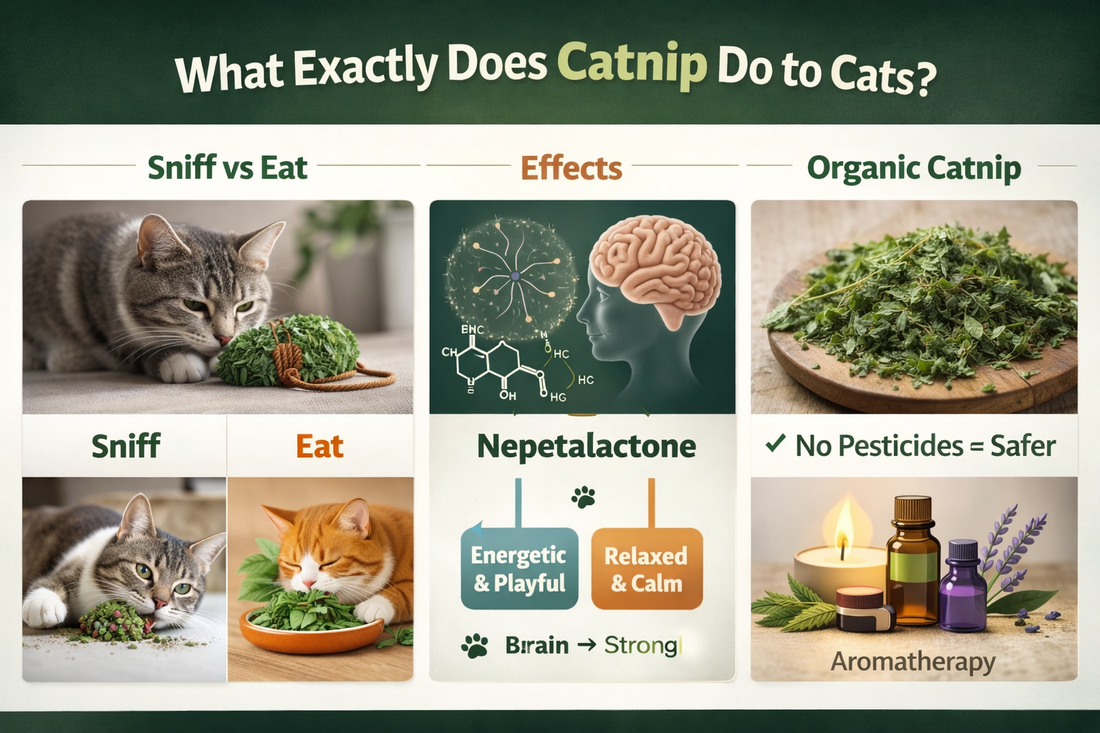 An infographic showing the effects of catnip, how cans can eat or sniff catnip, and how it gets cats high