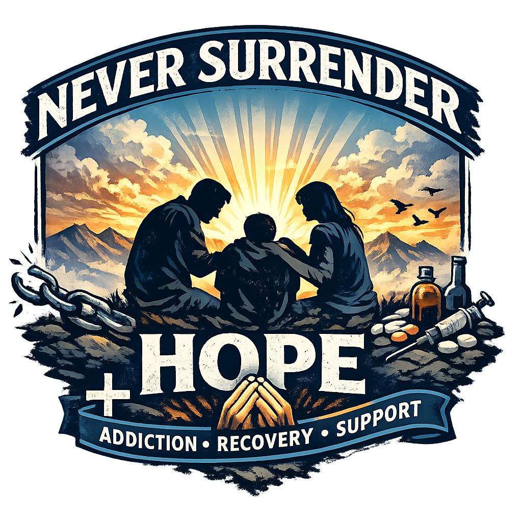 Motivational graphic with 'Never Surrender, Hope' text and people sitting together with a sunset background.