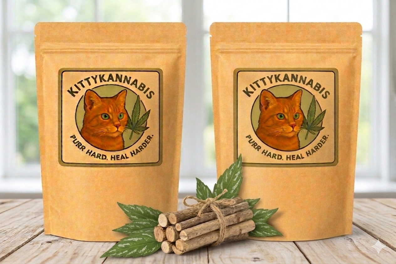 Two bags of KittyKannabis organic catnip for cats plus silvervine sticks 