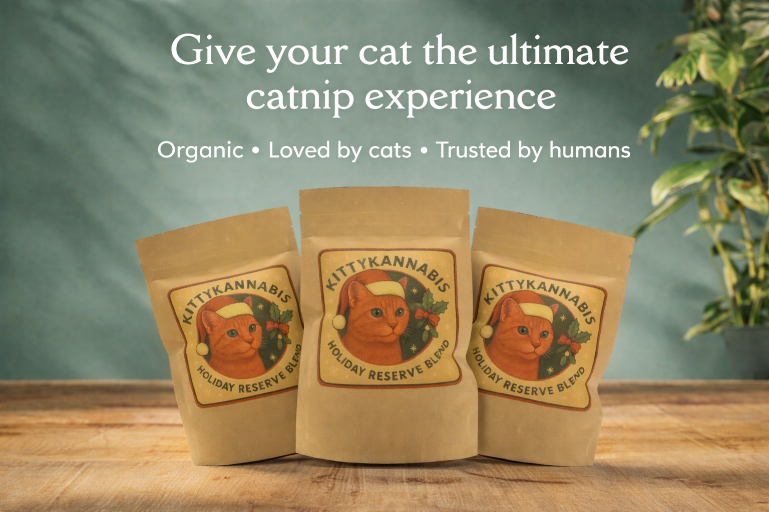 Three packages of Kittykannabis premium organic catnip on a wooden surface with a green background